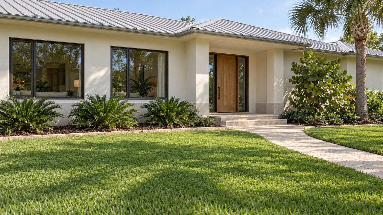 Sunlit pale-stucco home with a light metal roof, deep front lawn, curved paver approach, and sculptural tropical planting.