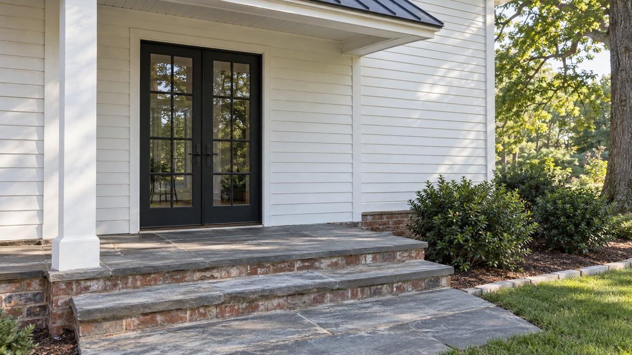 A dark glazed French door in white clapboard siding above worn bluestone porch steps.
