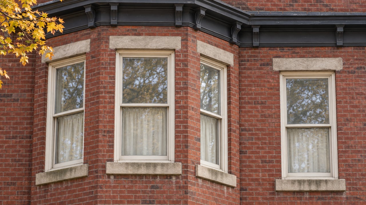 Red-brick residential bay with tall white-trimmed sash windows, weathered limestone sills, a charcoal cornice and amber maple leaves.