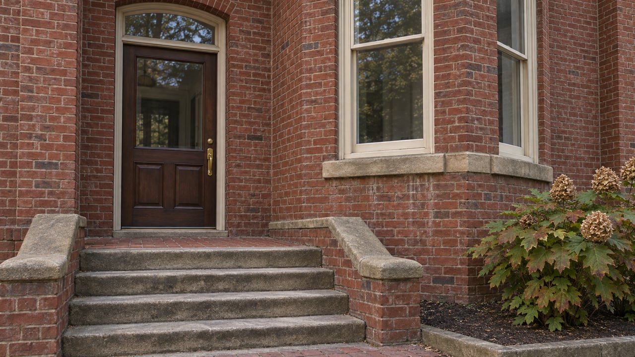 A walnut entry door and cream-painted bay window in a red-brick home, above worn sandstone steps beside an oakleaf hydrangea.