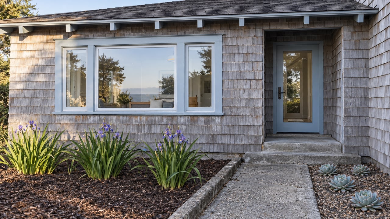 Weathered shingle cottage with pale-blue window trim, a recessed glass entry, and a small planted front garden.