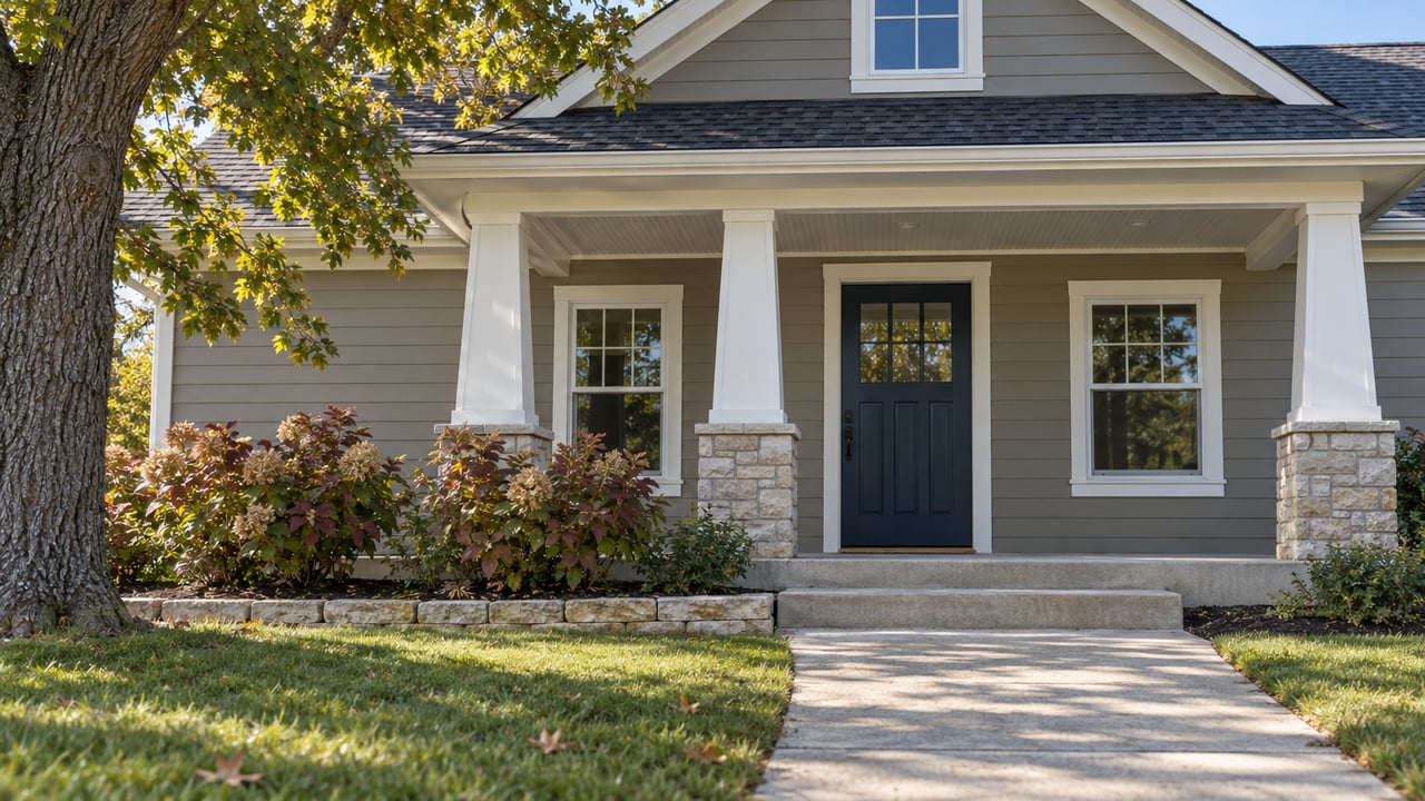 Gray gabled home with a navy front door, white porch columns, oak tree and autumn hydrangeas beside a concrete walk.