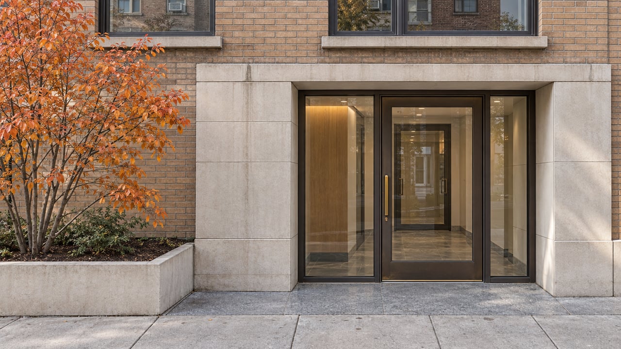 Brick residential facade with limestone surrounds, a bronze-framed glass entrance and an autumn serviceberry in a stone planter.