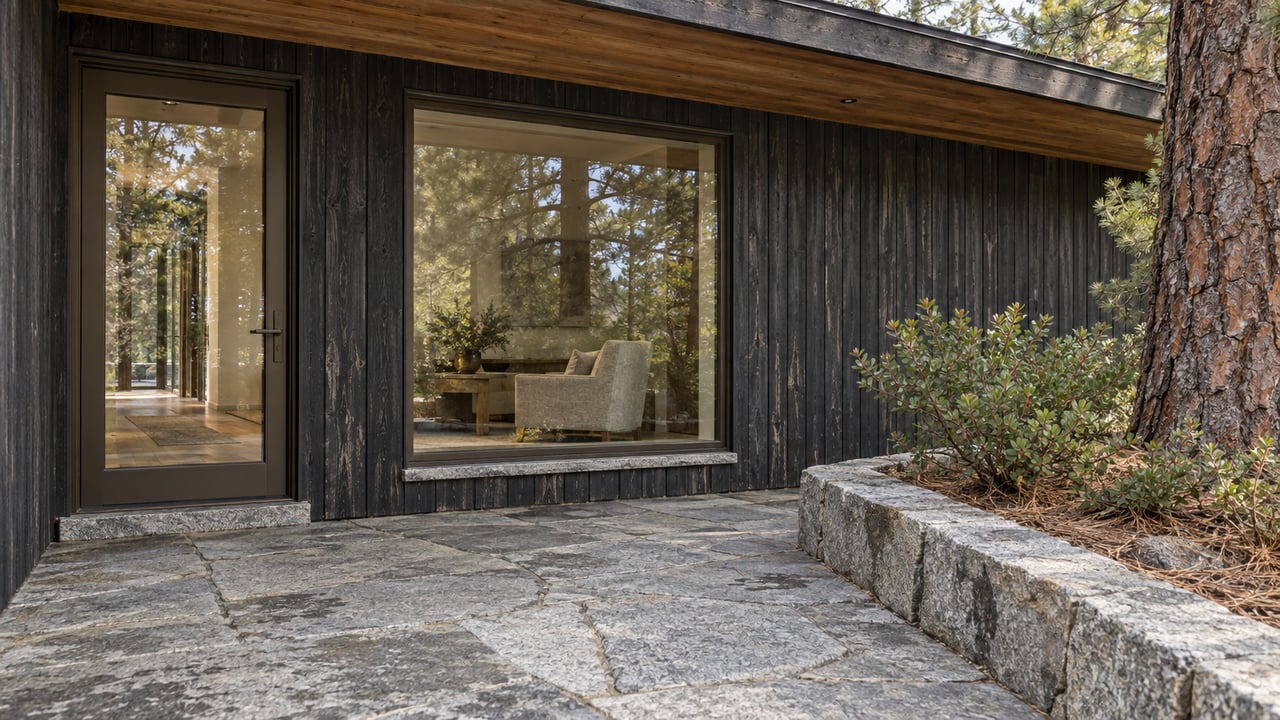Granite entry terrace beside charcoal timber siding and closed bronze-framed glazing, with a mature pine and a raised stone planting bed.