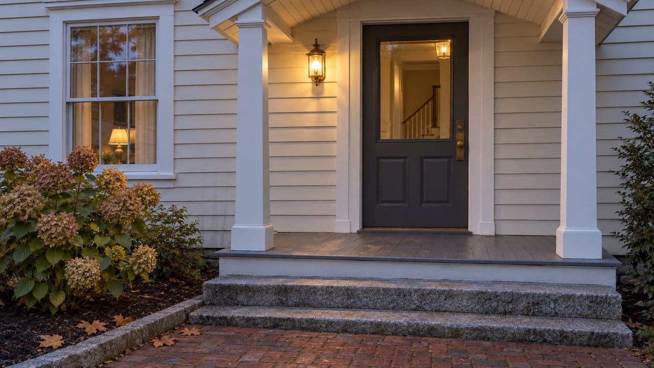Clapboard home's covered entry at twilight, with a warm porch light, granite steps, brick walk and tawny hydrangea flowers.
