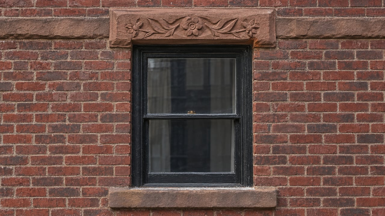 Black-painted double-hung window beneath a carved sandstone lintel in a red brick facade.