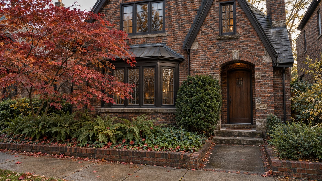Brick Tudor house with a steep gable, leaded-glass bay window, and copper-red Japanese maple in front.