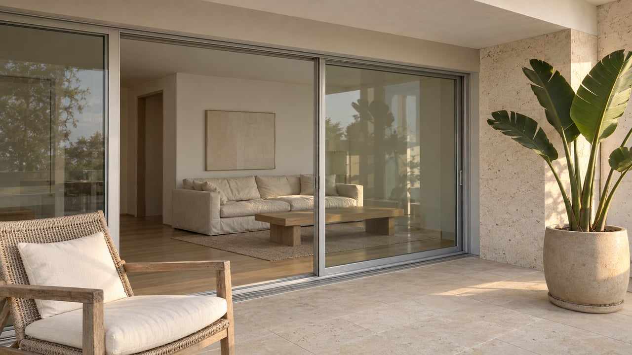 Late-afternoon light on a limestone balcony with a teak lounge chair, a potted bird-of-paradise and glass doors to an airy living room.