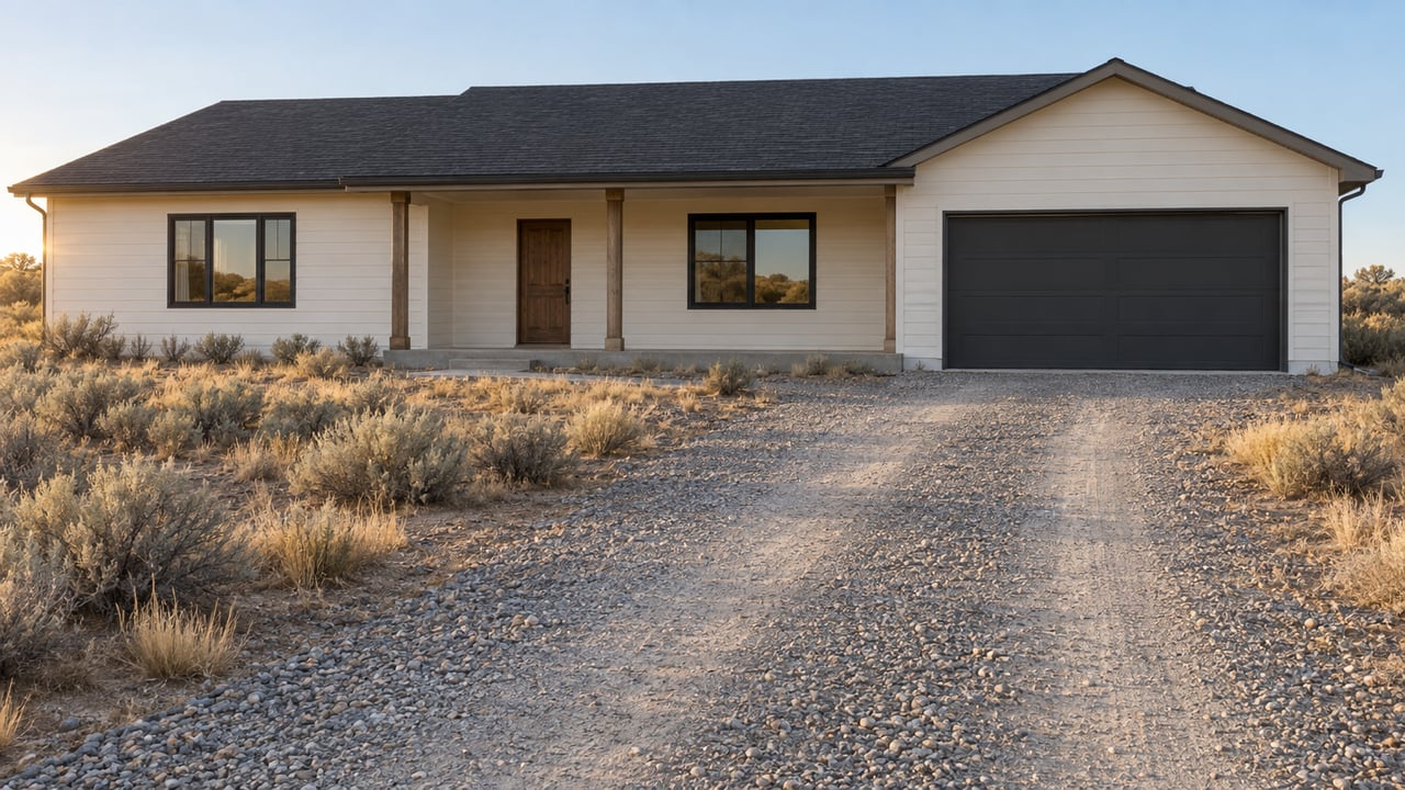 Single-story ranch house with an attached garage beyond a long gravel approach and sparse dry shrubs.