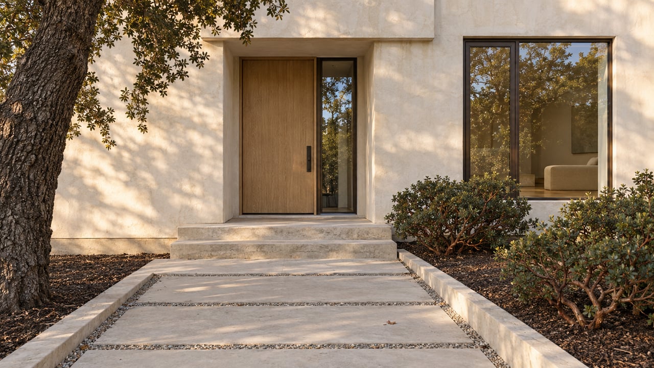 Cream stucco house entry with oak door, limestone steps, gravel-jointed paving, and mature trees and shrubs.