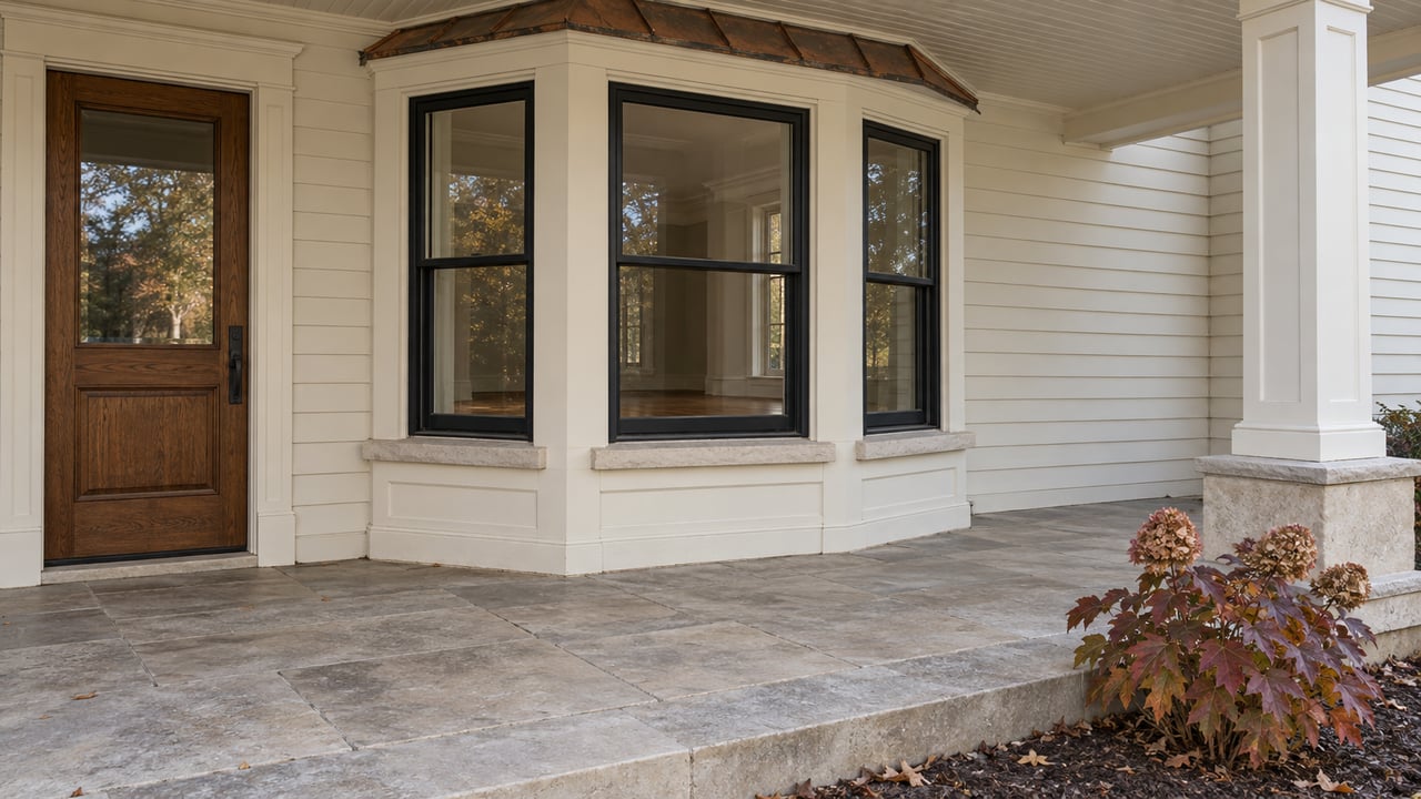 Cream clapboard home with black sash bay windows, an oak front door and limestone porch beside an autumn oakleaf hydrangea.
