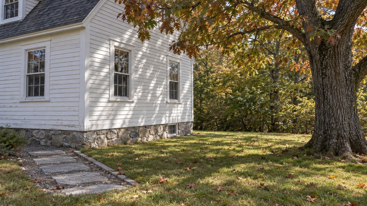 White clapboard cape beside a mature oak with russet autumn leaves, with a granite path crossing the lawn.