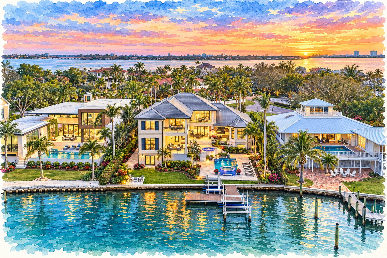 Waterfront homes with pools and docks along the bay beneath a colorful sunset sky.