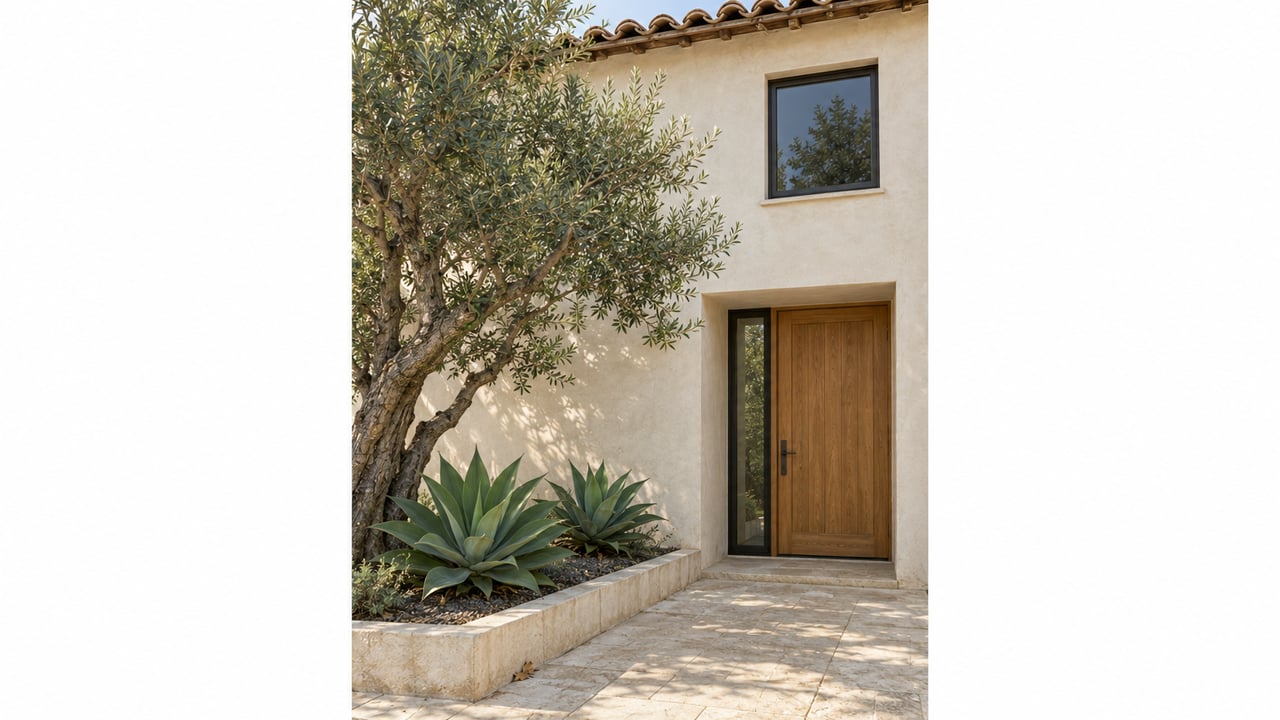 Stucco house entry with oak door, terracotta eave, olive tree, and agaves in a raised bed.