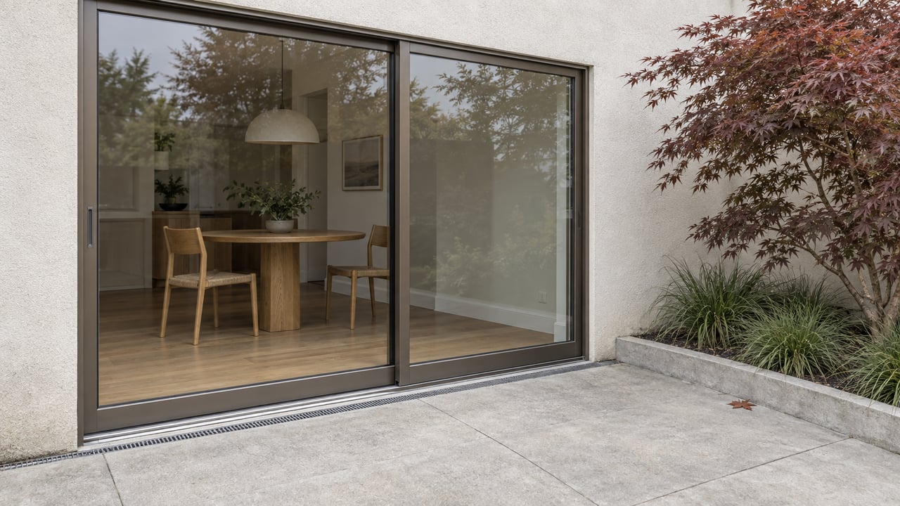 A compact concrete patio beside an updated home's closed sliding glass doors, with oak dining furniture inside and a Japanese maple in a raised-edge planting bed.