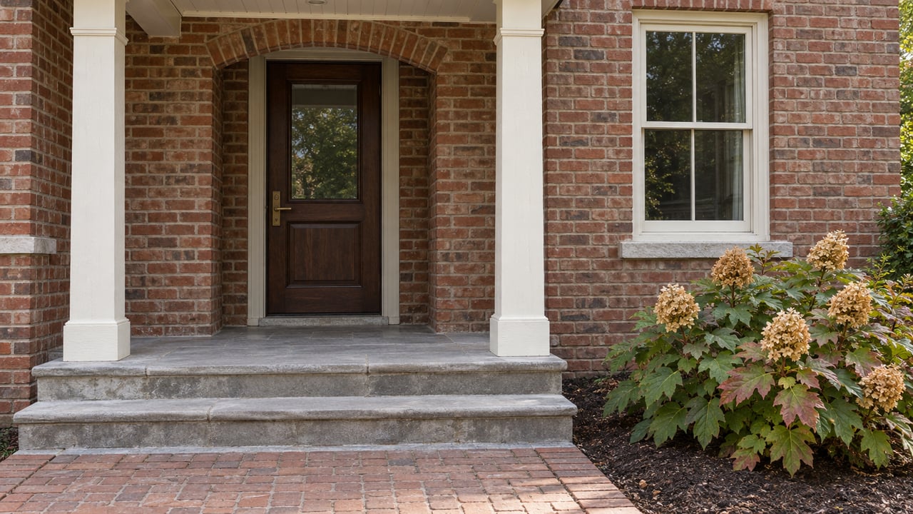 Renovated brick home entrance with a covered limestone porch, dark oak door, painted posts and an oakleaf hydrangea beside the steps.