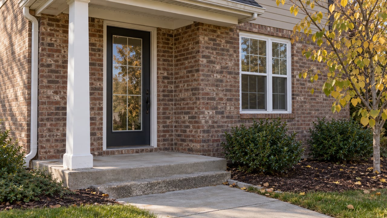 Suburban brick entry with a glass door, white-trimmed window, concrete steps, and a young redbud tree.