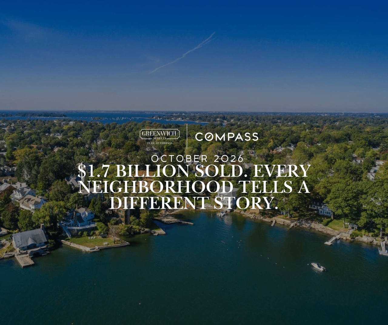 Aerial view of multiple Greenwich CT waterfront neighborhoods with fall foliage and Long Island Sound. Greenwich Streets Q3 2026 neighborhood real estate market report on sales, prices, and days on market.