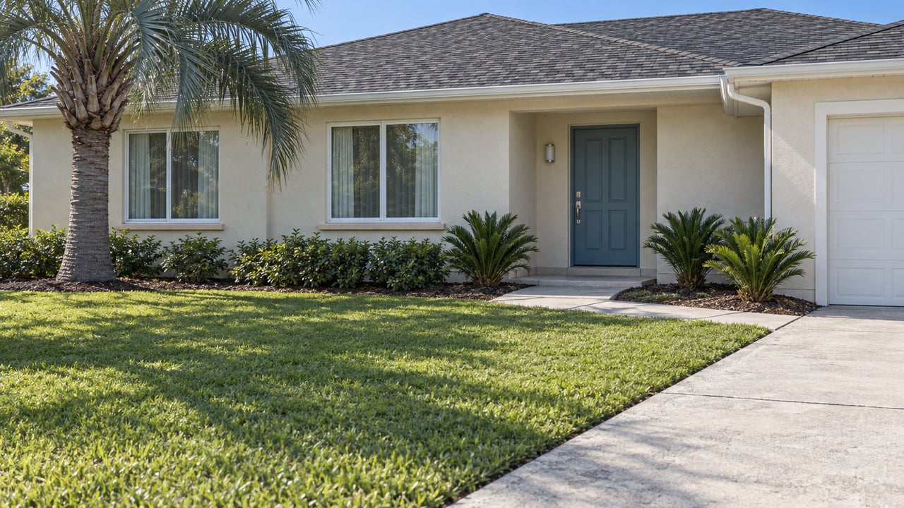 Single-story ivory stucco home with a blue front door, broad lawn and a sculptural palm in bright morning light.
