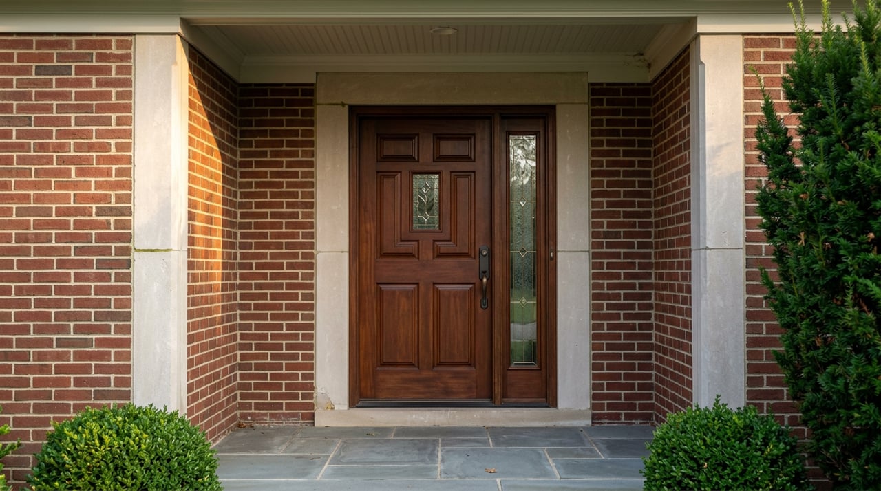 Mahogany paneled door with art-glass lite, beveled sidelight, and limestone surround in a brick entry alcove.