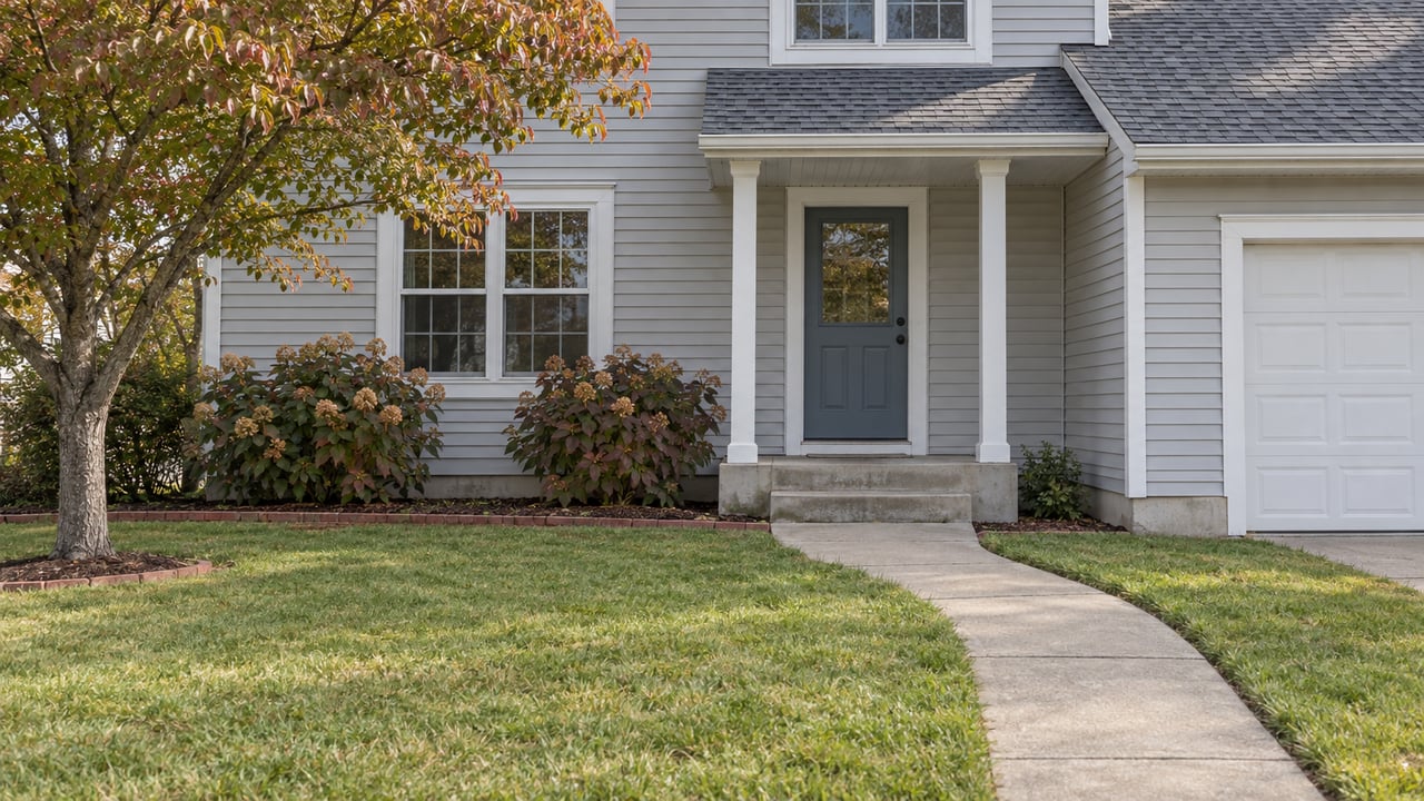 Gray-sided home with a recessed blue-gray front door, concrete approach, broad lawn and russet-tipped dogwood.