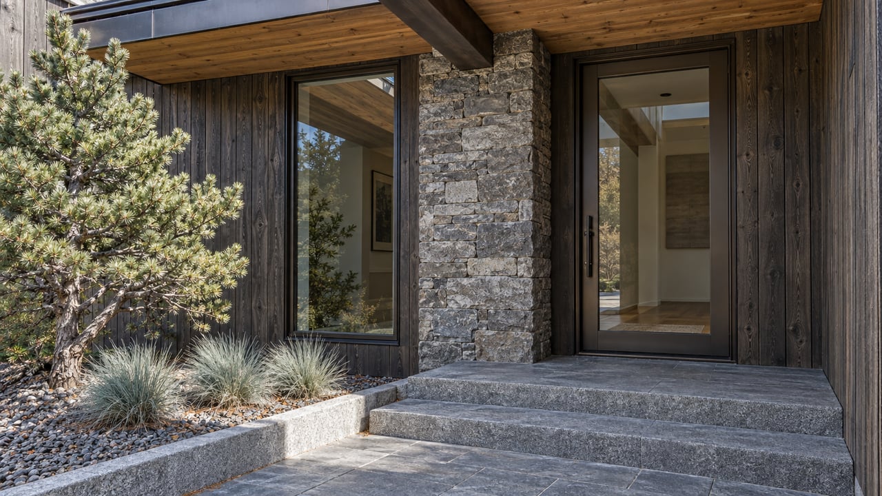 Recessed home entrance with weathered wood siding, gray stone, bronze-framed glazing and broad granite steps beside a compact pine.