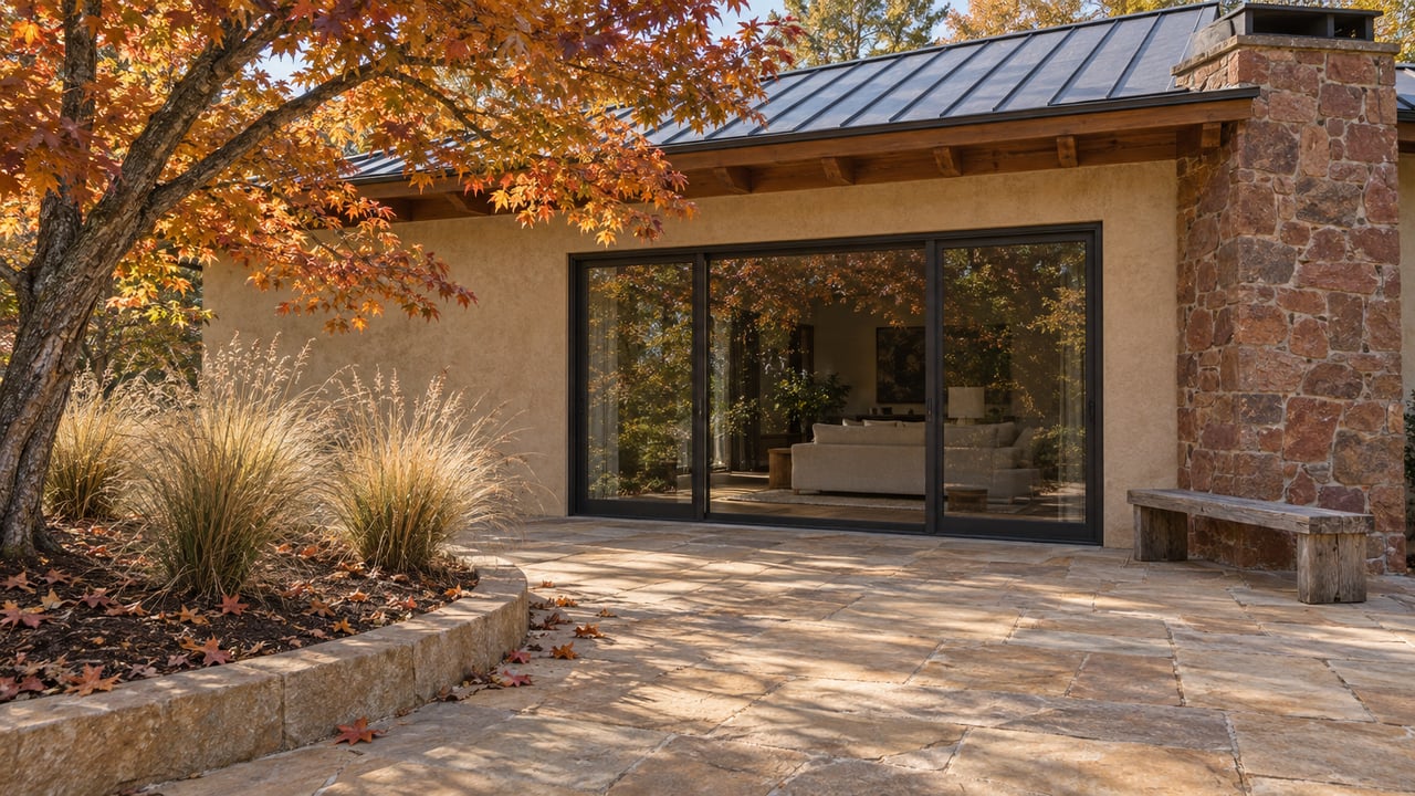 Warm stucco and red sandstone home opening onto a stone terrace beneath a copper-colored maple canopy.