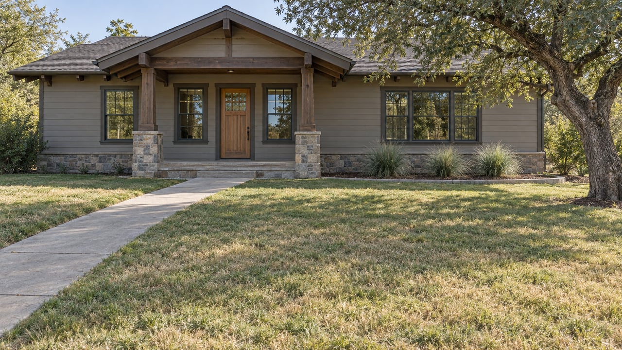 A single-story gray wood-sided home with a timber porch and stone piers beyond a broad lawn and diagonal concrete walk, shaded by a mature oak.
