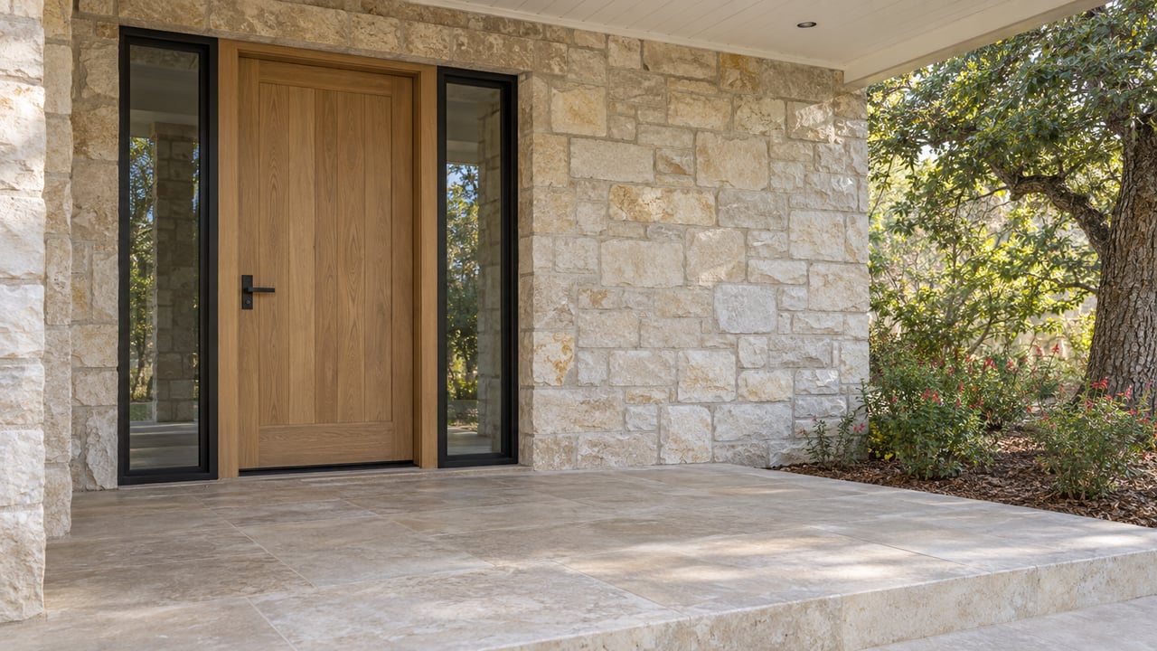 Morning light on a limestone home's oak front door, paired black-framed sidelights and broad stone porch step beside an oak and flowering sage.