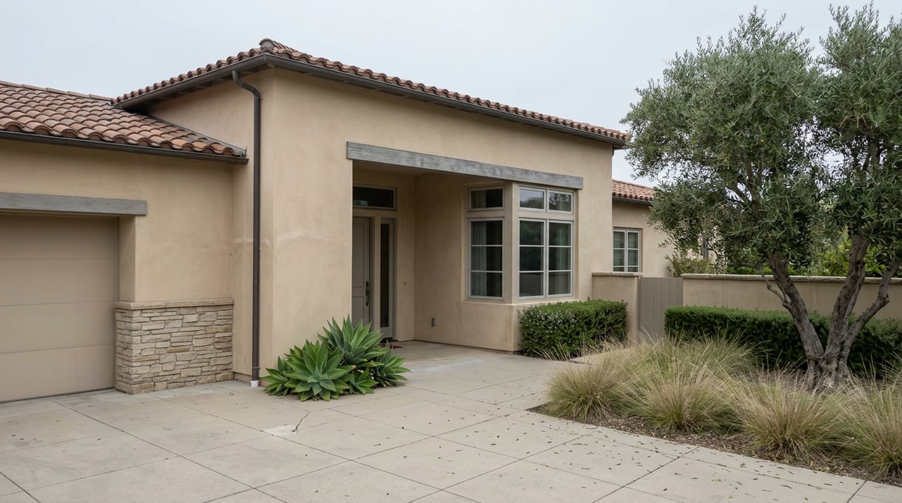 Two-story sand-stucco home with a tiled roof, stone garage wall, olive tree, and paved motor court.