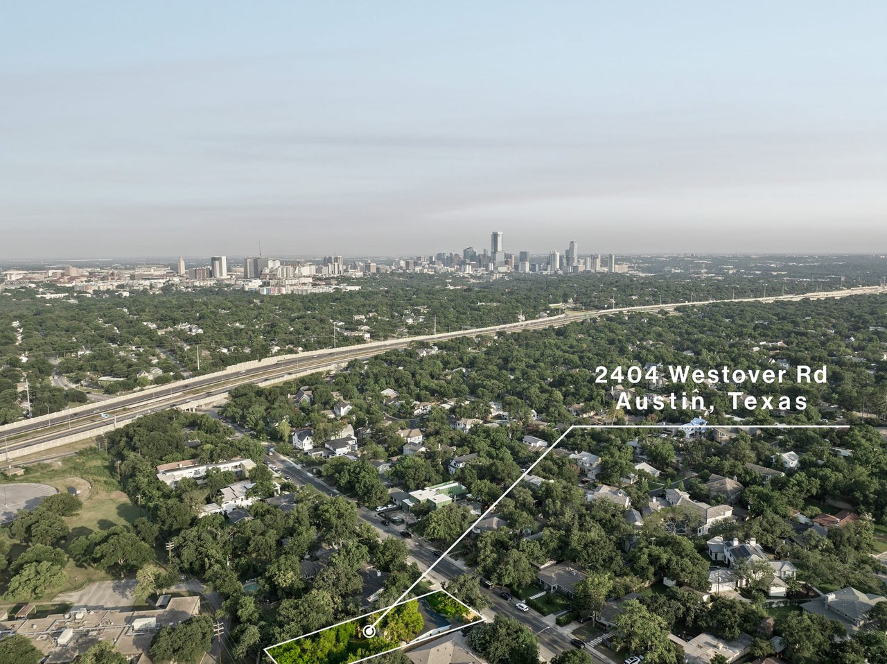 Labeled aerial location map identifying 2404 Westover Rd, Austin, Texas.
