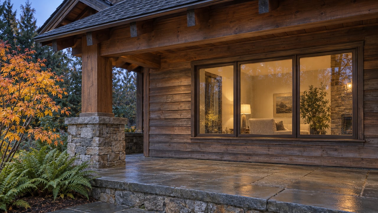 Twilight on a cedar-clad home's covered stone terrace, with warm light behind bronze-framed windows and autumn vine maple beside sword ferns.