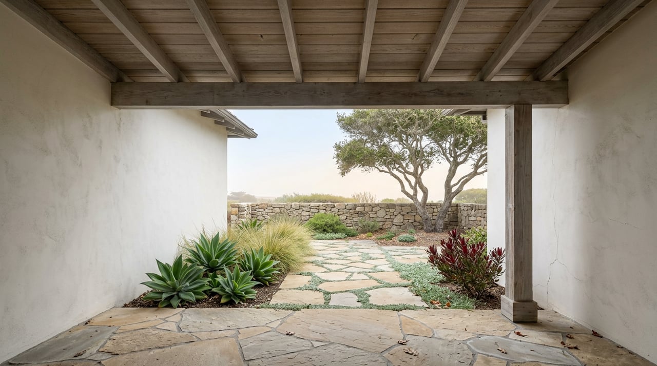 Flagstone porch opens onto a coastal garden with agaves, ornamental grass, and a sculptural coast live oak.