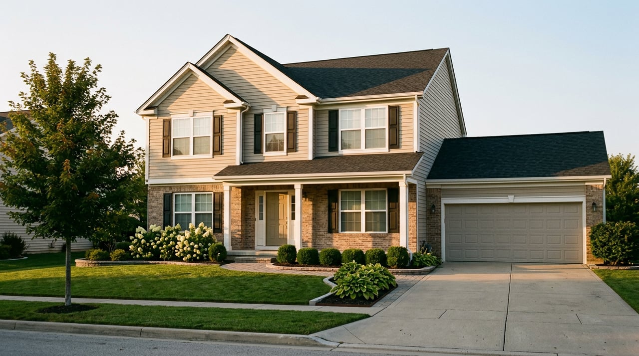 Two-story house with attached garage, front lawn, curving driveway, and red-leaved street tree.