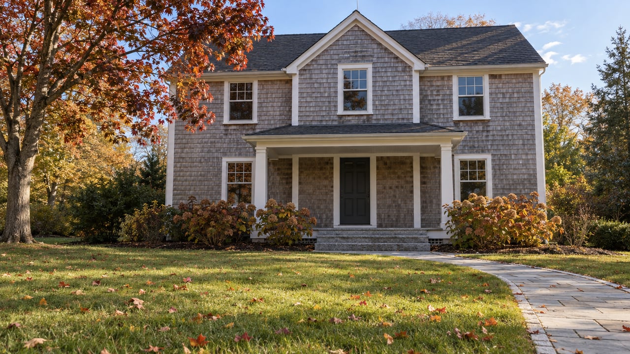 Silver-gray shingle home with a covered entry, broad front lawn, and red-orange maple foliage in autumn sunlight.