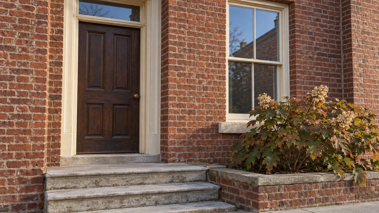 Morning light across a red brick townhouse entrance, ivory sash window, worn limestone steps, and an oakleaf hydrangea.