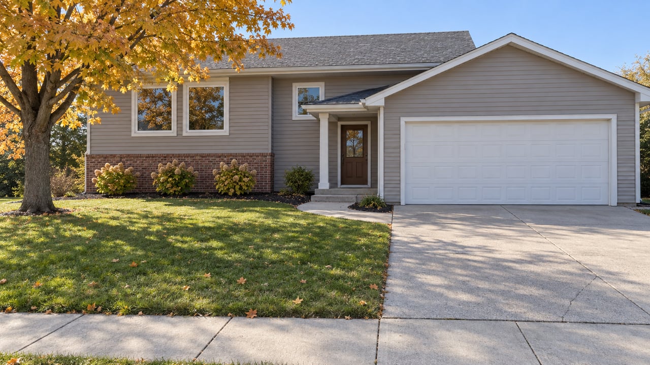 Gray split-level house with brick accents, white two-car garage, and a golden-leaved tree.
