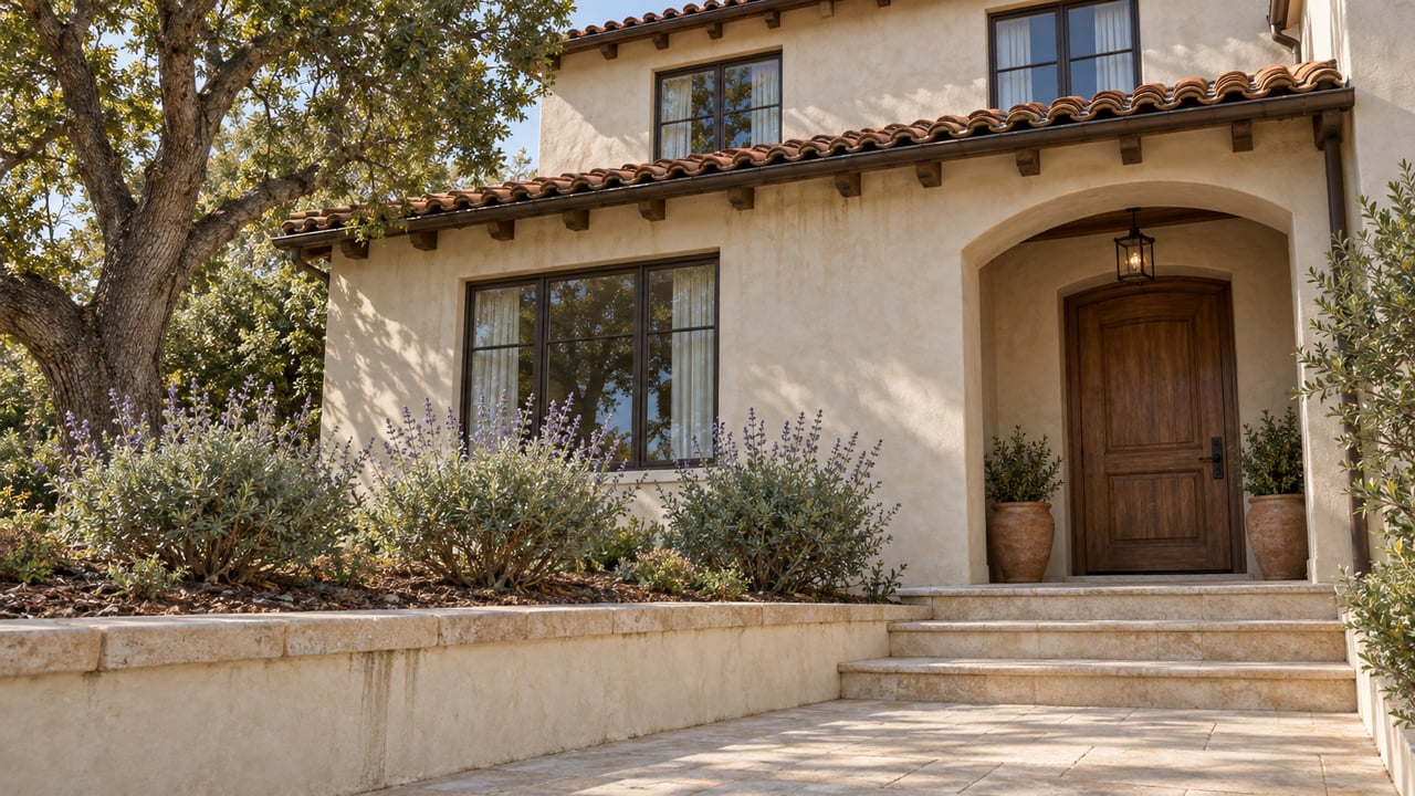 Two-level ivory stucco home with terracotta roof tiles, a recessed oak front door and limestone steps beside a planted retaining wall.