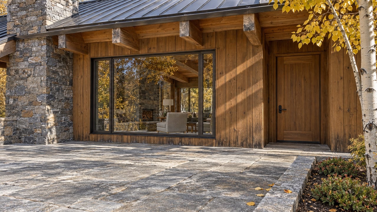 Timber-and-stone home with closed bronze-framed glazing, a broad stone terrace, and golden aspen leaves beside a raised planting border.