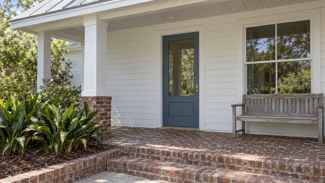 Sunlit white-sided home with a shaded brick porch, blue glazed front door, teak bench and cast-iron plants.