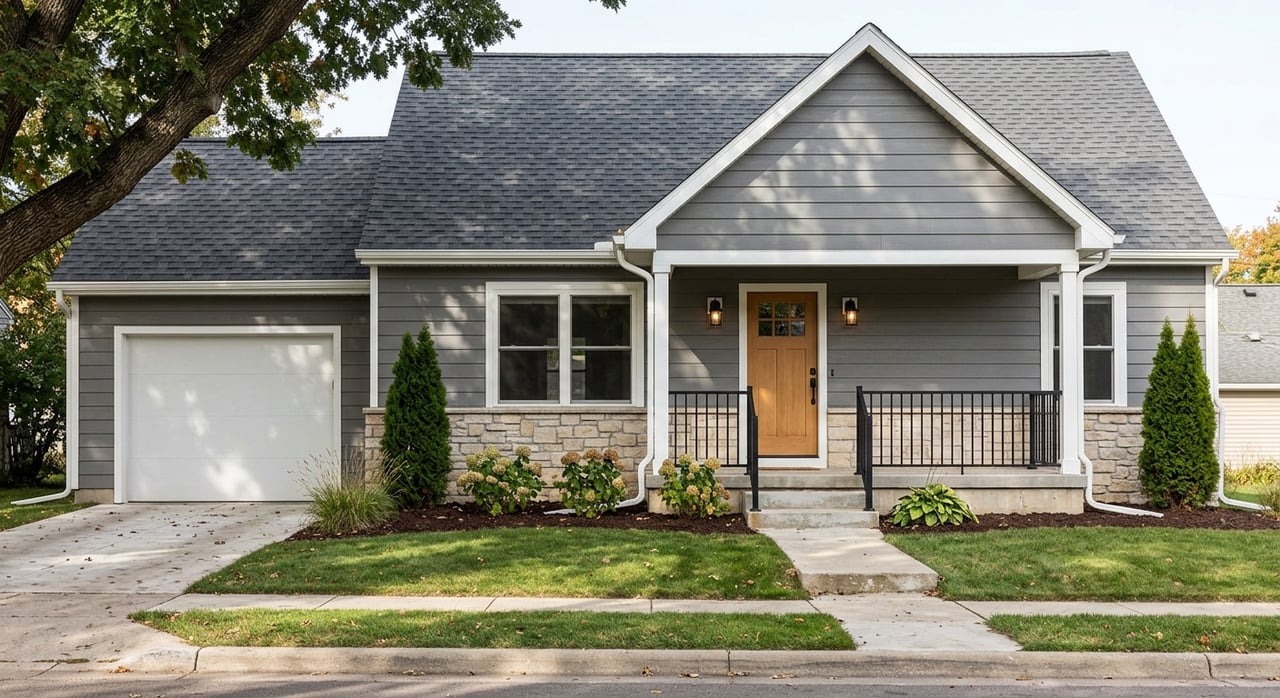 Gray-sided bungalow with white trim, stone porch columns, oak canopy, and green lawn.