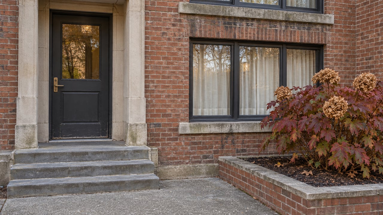 Weathered brick residential entrance with bluestone steps, a dark glazed door and an oakleaf hydrangea in autumn color.