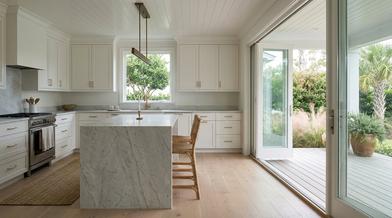 Kitchen with marble waterfall island, white shaker cabinets, and open doors onto a planted porch.