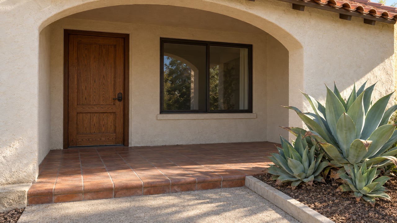 Warm ivory stucco entry with a broad arch, oak door, dark-framed window, worn terracotta landing and a sculptural blue-green agave.