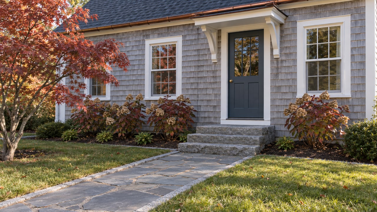 A weathered gray-shingled house with a navy door, white sash windows, granite entry steps, and a bluestone path bordered by autumn hydrangeas and a copper-red Japanese maple.