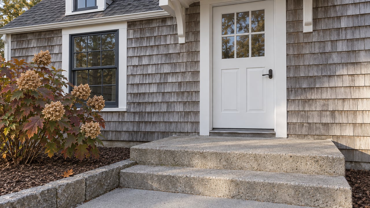 Weathered gray cedar home entry with a white door, charcoal-framed windows, concrete steps and russet oakleaf hydrangea.