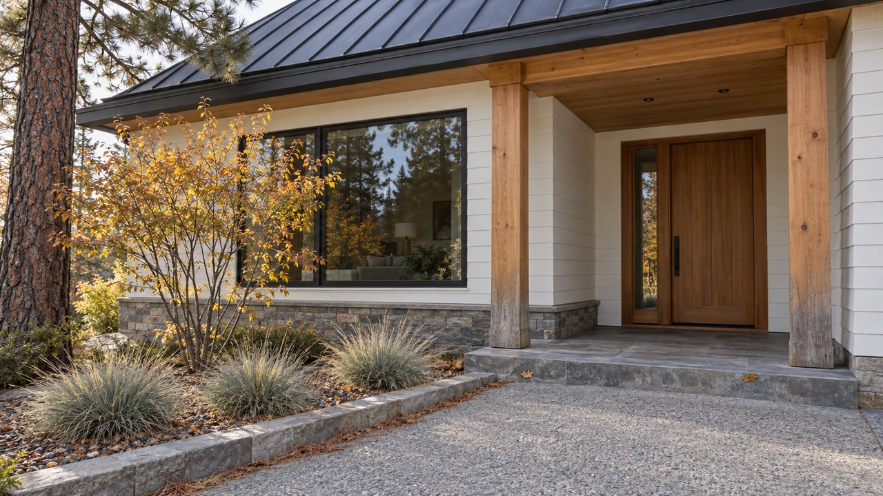 Light-sided home with a cedar entry, black-framed window, gray stone porch and autumn serviceberry beneath a mature pine.