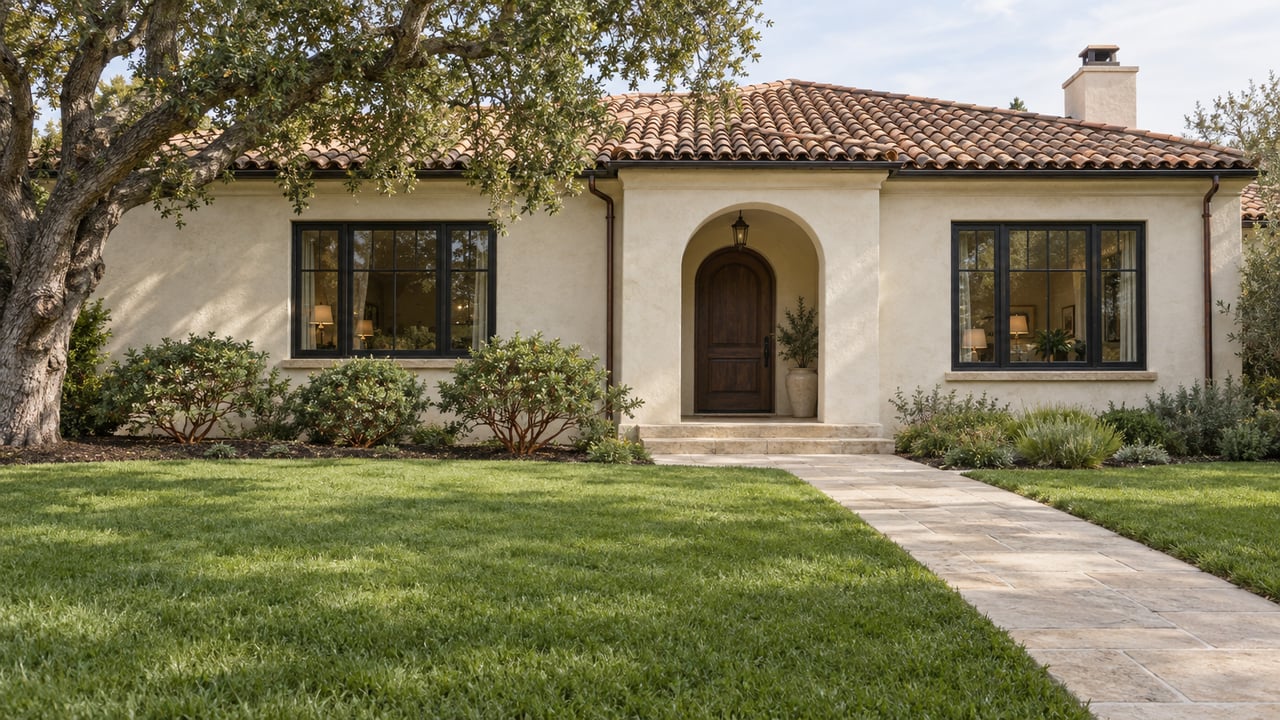 An established ivory stucco home with a terracotta roof, arched entry, deep lawn and stone approach beneath a mature oak.