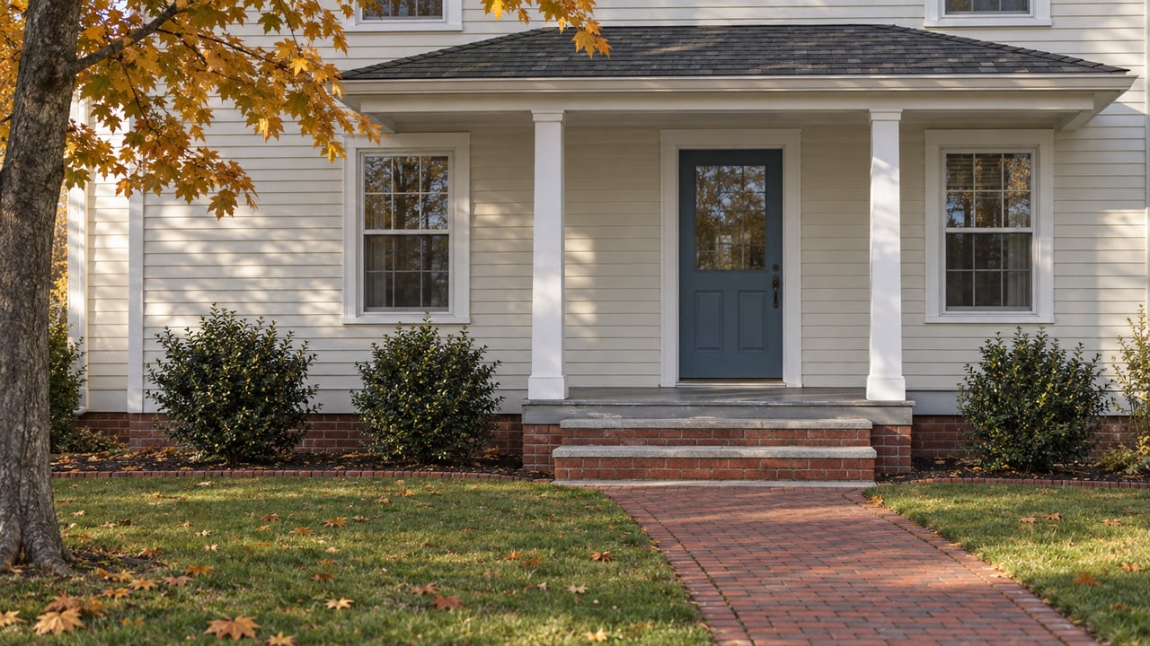 Autumn sunlight falls across an ivory clapboard home, blue front door and brick walk beneath an amber maple branch.