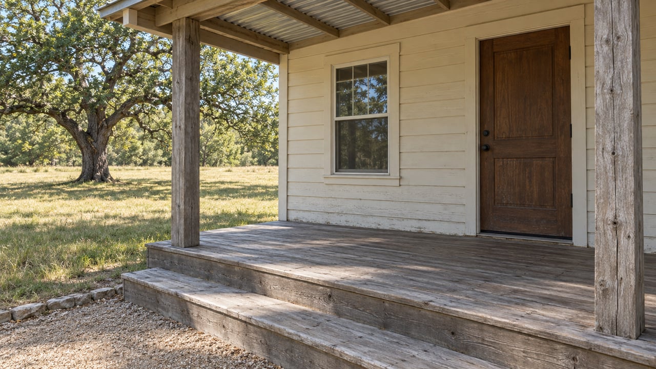 Small ranch house exterior with a weathered wooden porch, dark door, and large oak tree.